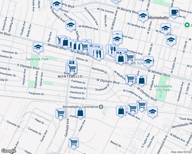 map of restaurants, bars, coffee shops, grocery stores, and more near 2210 West Olympic Boulevard in Montebello