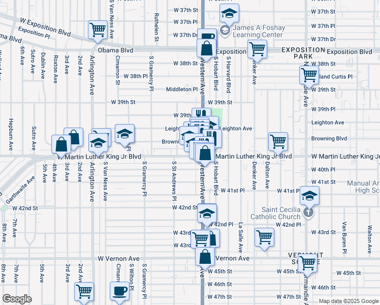 map of restaurants, bars, coffee shops, grocery stores, and more near 1701 West Martin Luther King Junior Boulevard in Los Angeles