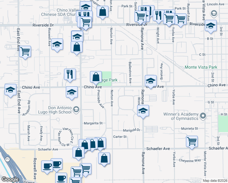 map of restaurants, bars, coffee shops, grocery stores, and more near 13323 Norton Avenue in Chino