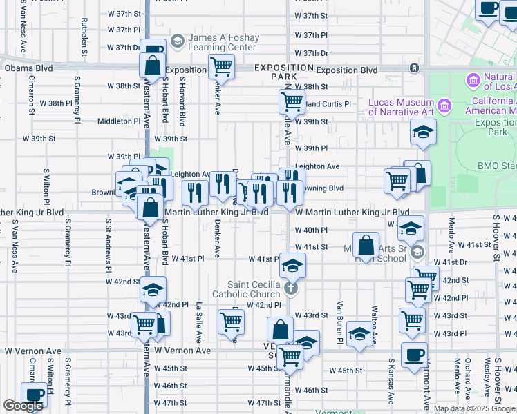 map of restaurants, bars, coffee shops, grocery stores, and more near 1451 West Martin Luther King Junior Boulevard in Los Angeles