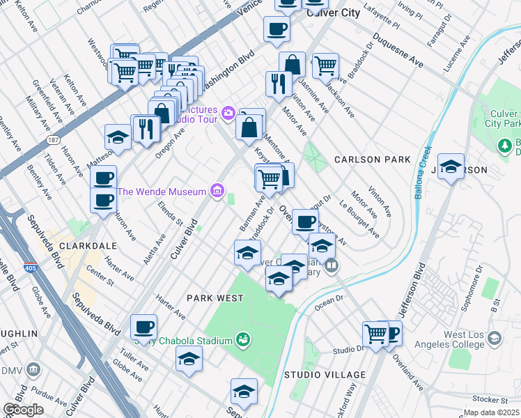 map of restaurants, bars, coffee shops, grocery stores, and more near 10738 Barman Avenue in Culver City