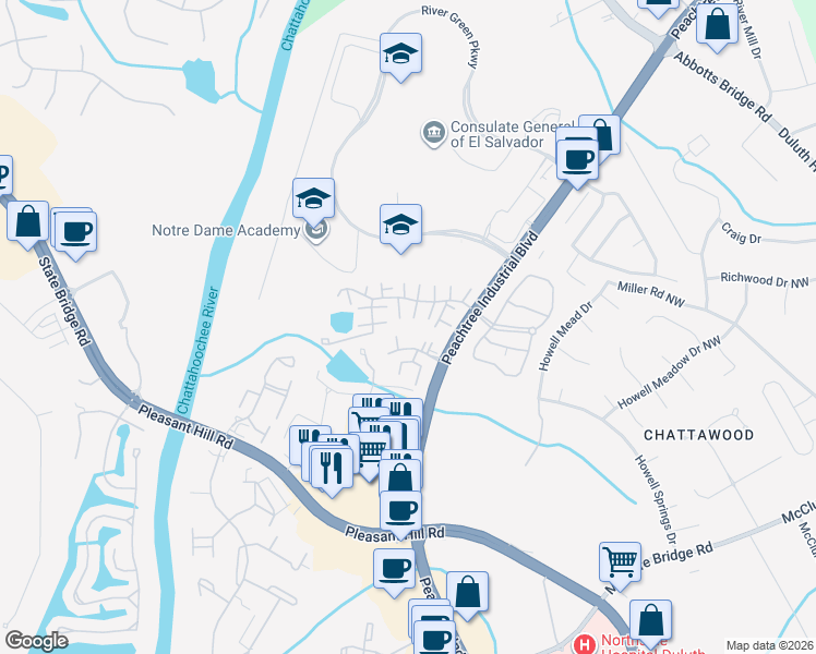 map of restaurants, bars, coffee shops, grocery stores, and more near 515 Bedfort Drive in Duluth