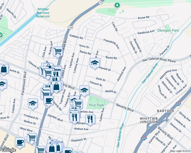 map of restaurants, bars, coffee shops, grocery stores, and more near 9349 Dork St in Pico Rivera