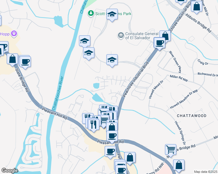 map of restaurants, bars, coffee shops, grocery stores, and more near 3530 Mulberry Way in Duluth