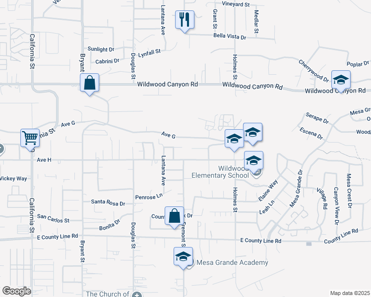 map of restaurants, bars, coffee shops, grocery stores, and more near 35710 Avenue H in Yucaipa