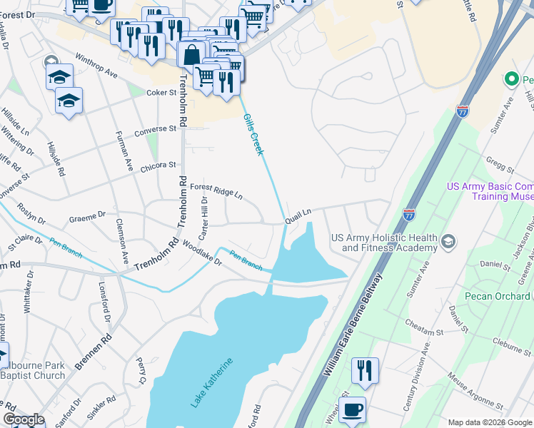 map of restaurants, bars, coffee shops, grocery stores, and more near 4873 Forest Ridge Lane in Columbia