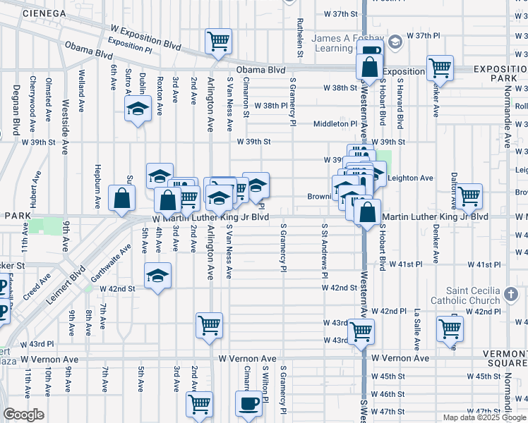 map of restaurants, bars, coffee shops, grocery stores, and more near 1957 West Martin Luther King Junior Boulevard in Los Angeles
