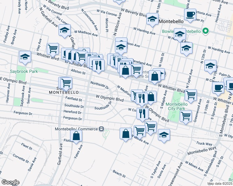map of restaurants, bars, coffee shops, grocery stores, and more near 2009 Millis Street in Montebello