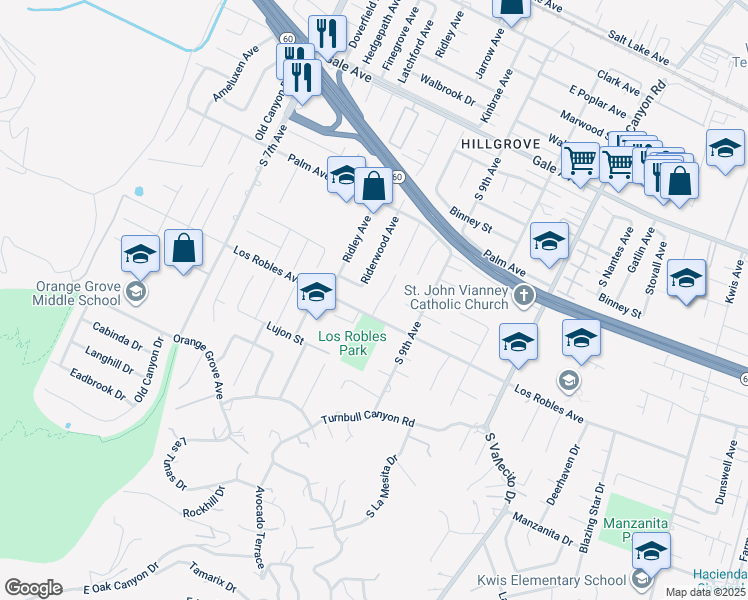 map of restaurants, bars, coffee shops, grocery stores, and more near 1451 Coble Avenue in Hacienda Heights