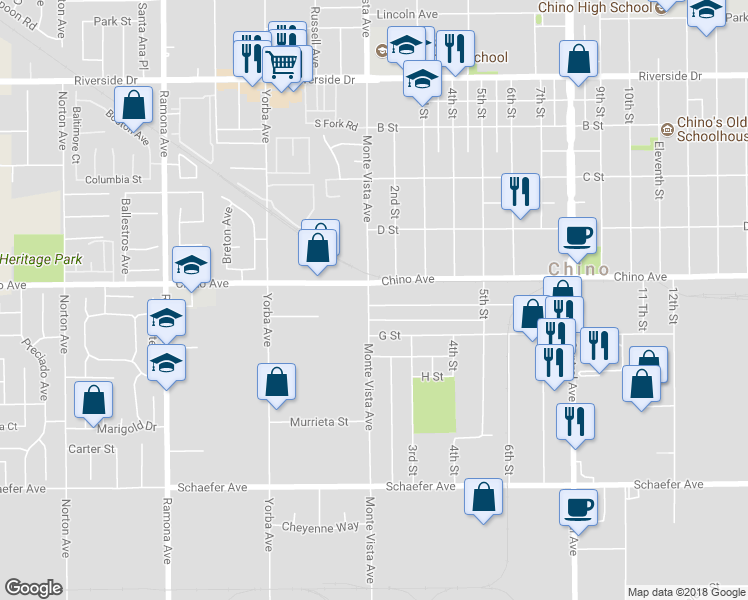 map of restaurants, bars, coffee shops, grocery stores, and more near 4914 F Street in Chino