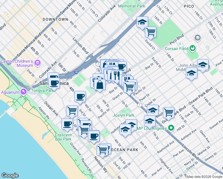 map of restaurants, bars, coffee shops, grocery stores, and more near 631 Bay Street in Santa Monica