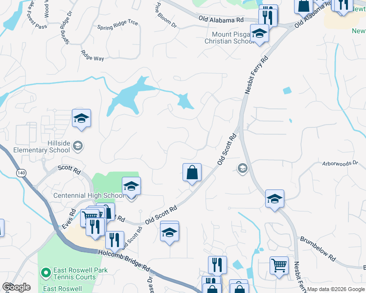 map of restaurants, bars, coffee shops, grocery stores, and more near 9515 Nesbit Lakes Drive in Alpharetta