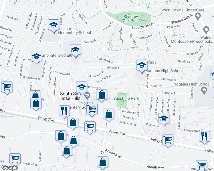 map of restaurants, bars, coffee shops, grocery stores, and more near 18254 Lanaca Street in La Puente