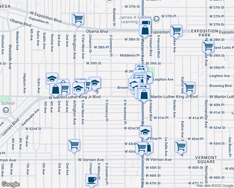 map of restaurants, bars, coffee shops, grocery stores, and more near 1839 West Martin Luther King Junior Boulevard in Los Angeles