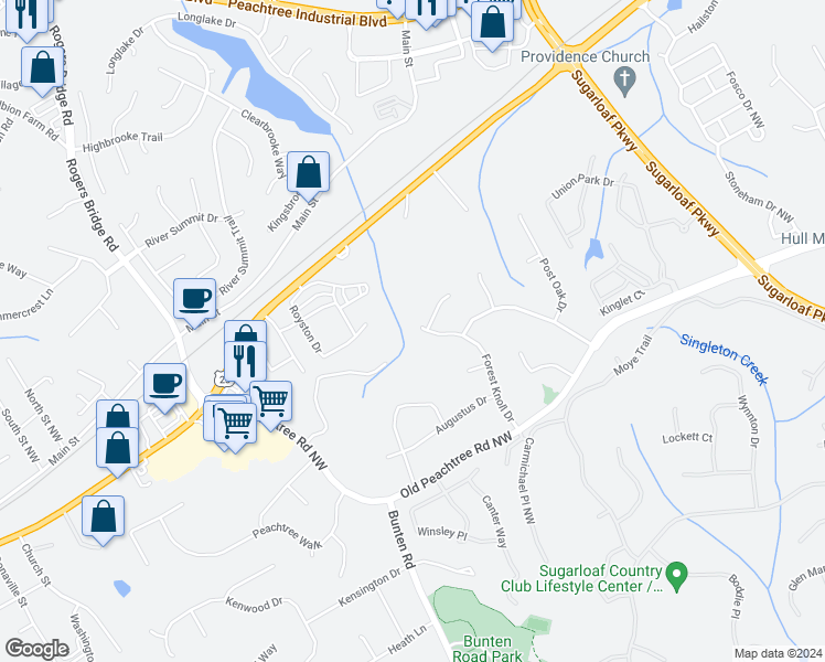 map of restaurants, bars, coffee shops, grocery stores, and more near 3498 Forest Knoll Drive in Duluth