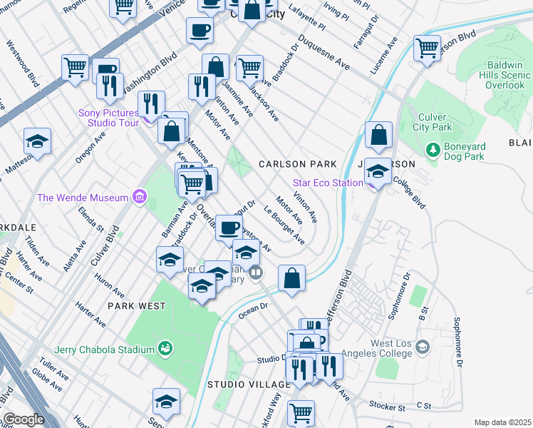 map of restaurants, bars, coffee shops, grocery stores, and more near 4336 Mentone Avenue in Culver City