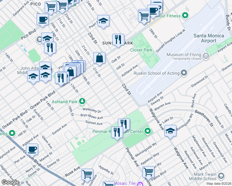 map of restaurants, bars, coffee shops, grocery stores, and more near 2114 Pier Avenue in Santa Monica