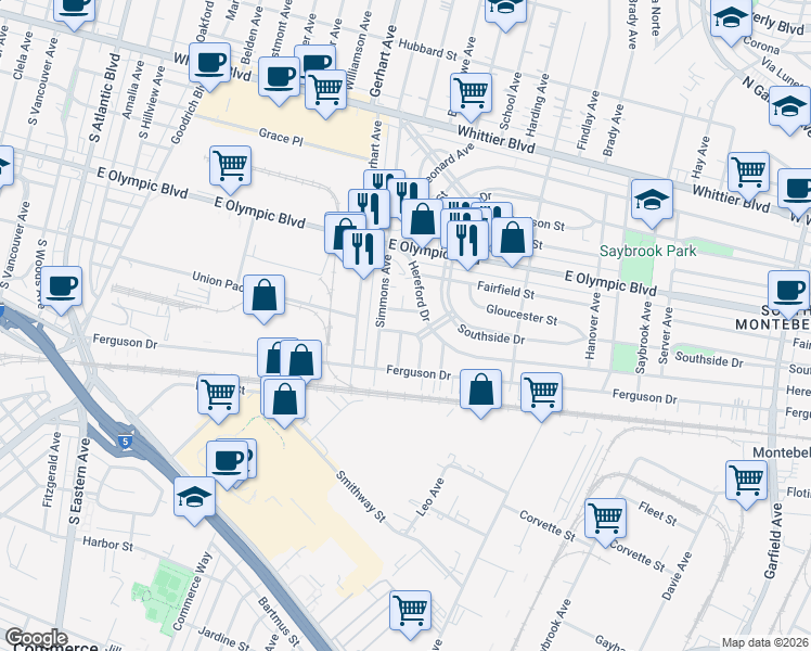 map of restaurants, bars, coffee shops, grocery stores, and more near 5827 East Clarendon Street in East Los Angeles