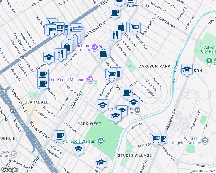 map of restaurants, bars, coffee shops, grocery stores, and more near 10738 Barman Avenue in Culver City