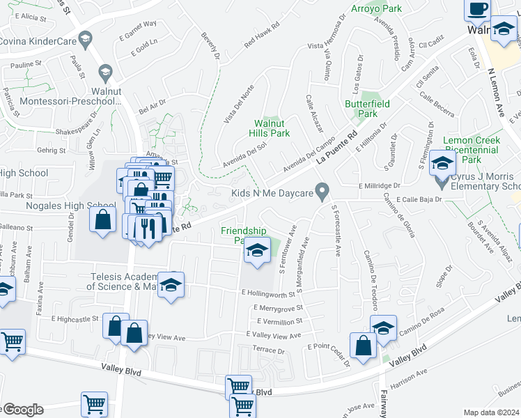 map of restaurants, bars, coffee shops, grocery stores, and more near 3637 East Levelglen Drive in West Covina