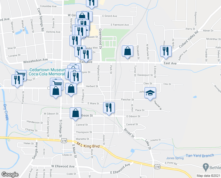 map of restaurants, bars, coffee shops, grocery stores, and more near Park Street in Cedartown