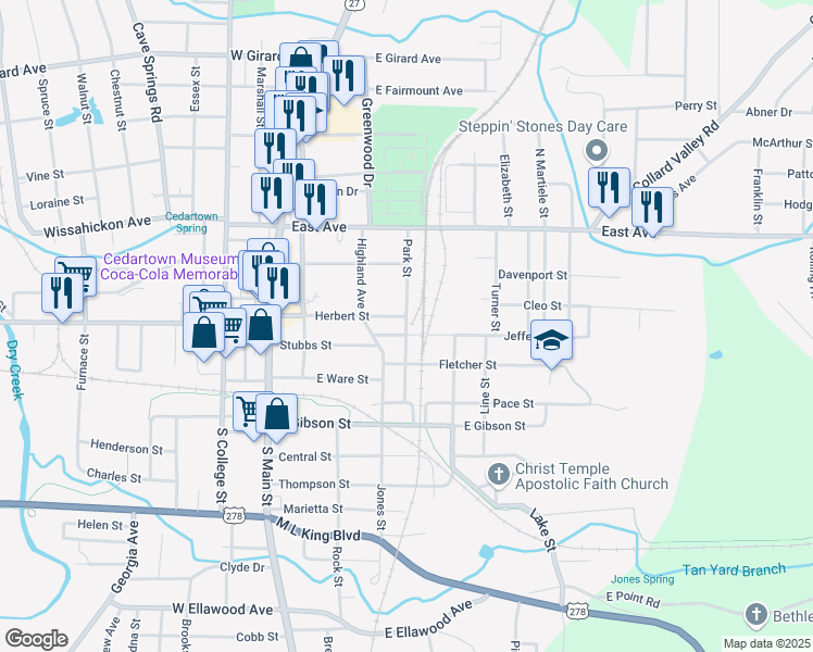 map of restaurants, bars, coffee shops, grocery stores, and more near Park Street in Cedartown