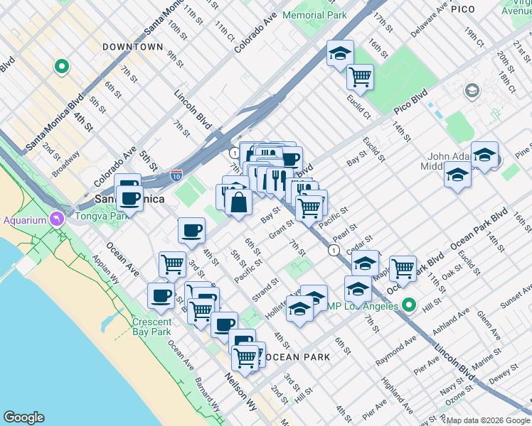 map of restaurants, bars, coffee shops, grocery stores, and more near 641 Bay Street in Santa Monica