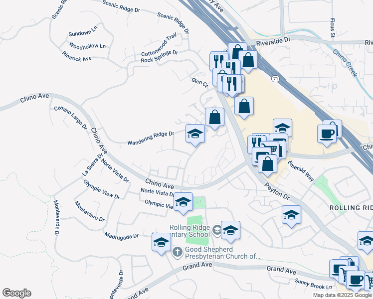 map of restaurants, bars, coffee shops, grocery stores, and more near 2588 Diamond Drive in Chino Hills