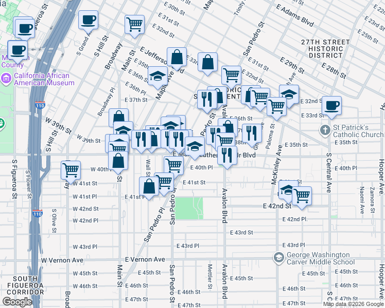 map of restaurants, bars, coffee shops, grocery stores, and more near S San Pedro St & E Martin Luther King Jr Blvd in Los Angeles