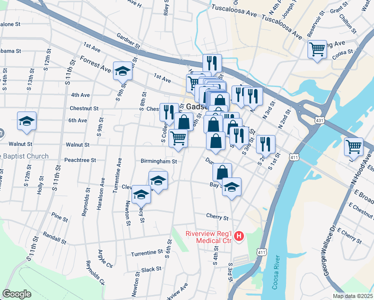map of restaurants, bars, coffee shops, grocery stores, and more near 600 Walnut Street in Gadsden