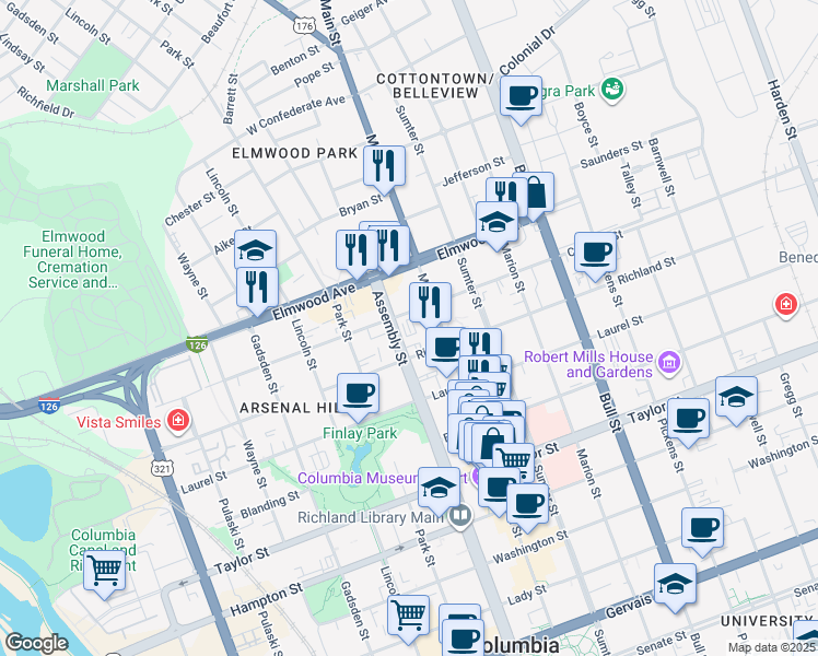 map of restaurants, bars, coffee shops, grocery stores, and more near 1920 Assembly Street in Columbia