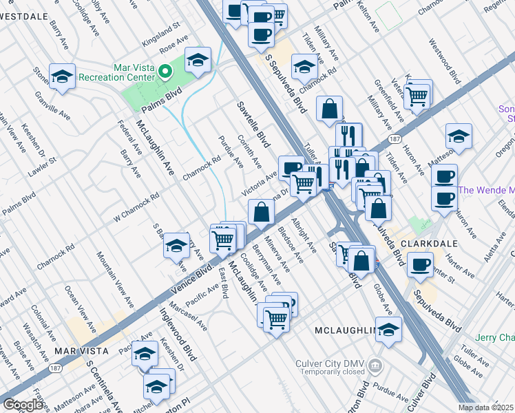 map of restaurants, bars, coffee shops, grocery stores, and more near 11417 Biona Drive in Los Angeles