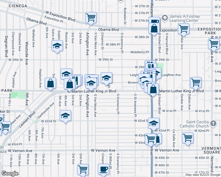 map of restaurants, bars, coffee shops, grocery stores, and more near 3985 West Martin Luther King Junior Boulevard in Los Angeles
