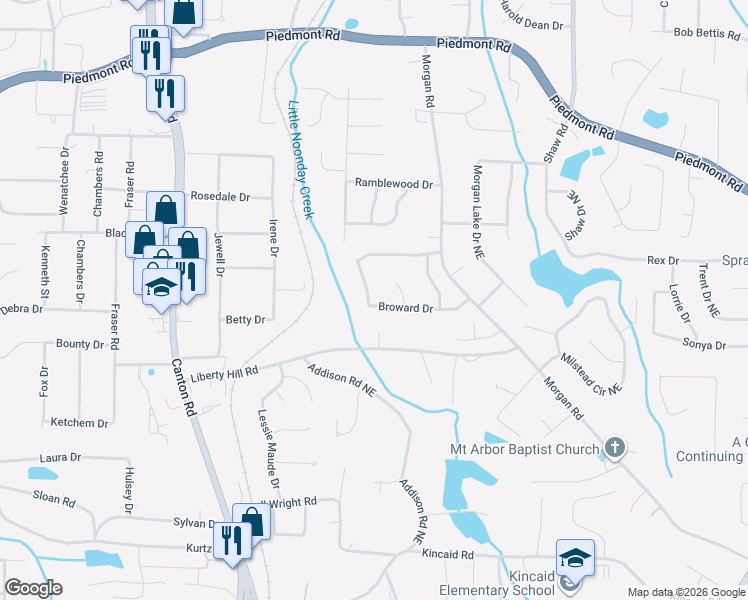 map of restaurants, bars, coffee shops, grocery stores, and more near 2416 Broward Drive in Marietta