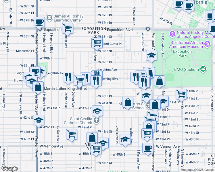 map of restaurants, bars, coffee shops, grocery stores, and more near 1321 West Martin Luther King Junior Boulevard in Los Angeles