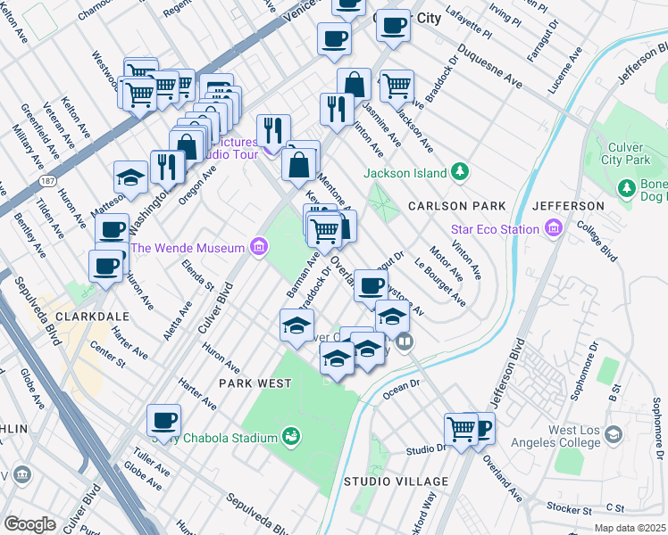 map of restaurants, bars, coffee shops, grocery stores, and more near 10729 Braddock Drive in Culver City