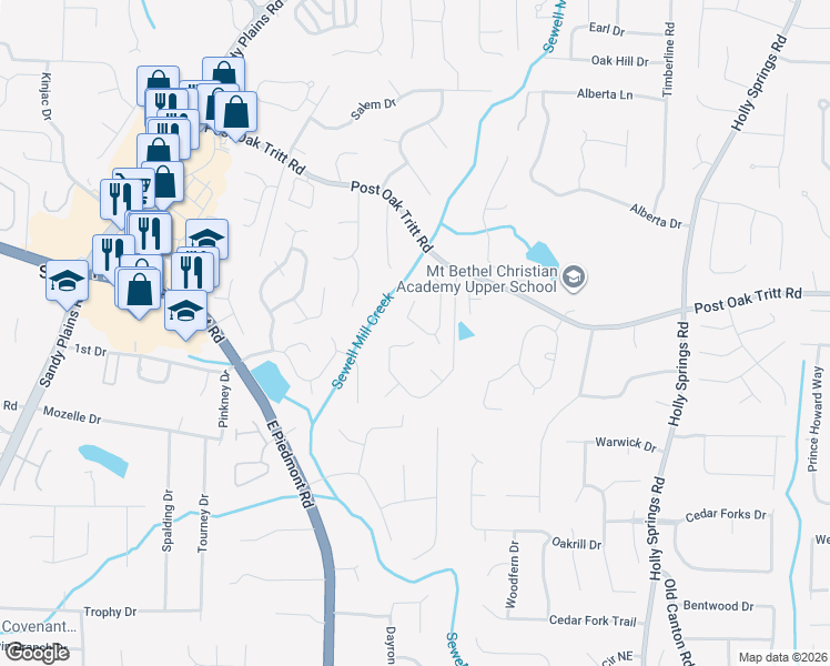 map of restaurants, bars, coffee shops, grocery stores, and more near 2572 Oak Village Place Northeast in Marietta