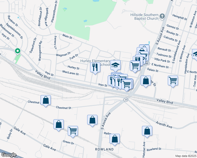 map of restaurants, bars, coffee shops, grocery stores, and more near 656 Radstock Avenue in La Puente