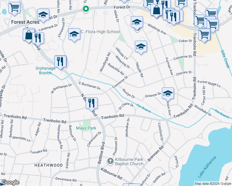 map of restaurants, bars, coffee shops, grocery stores, and more near 1735 Bannockburn Drive in Columbia