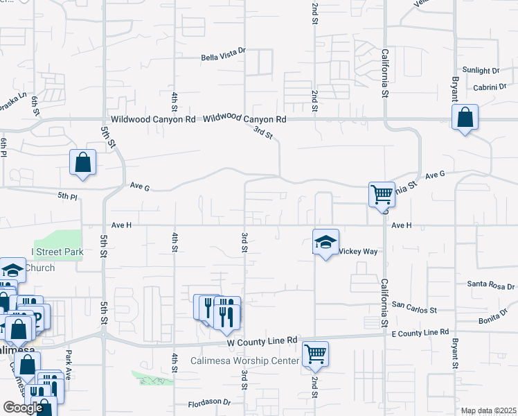 map of restaurants, bars, coffee shops, grocery stores, and more near 13353 3rd Street in Yucaipa