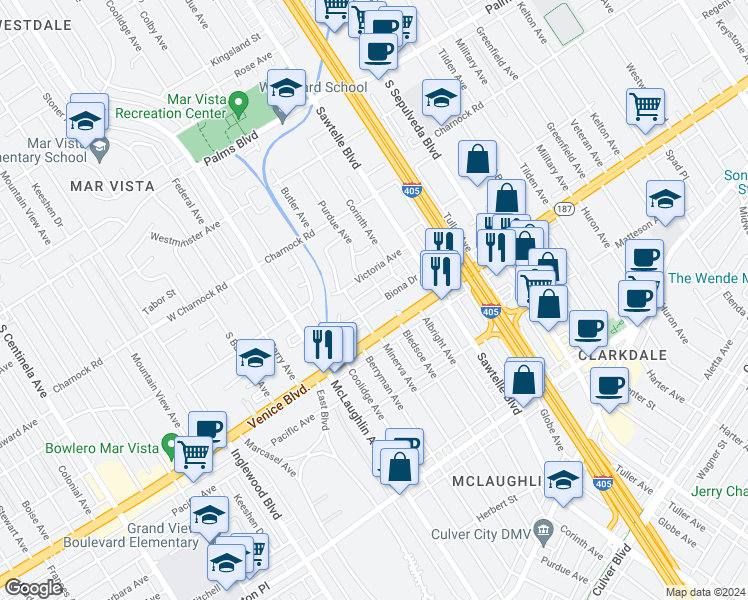 map of restaurants, bars, coffee shops, grocery stores, and more near 11417 Biona Drive in Los Angeles
