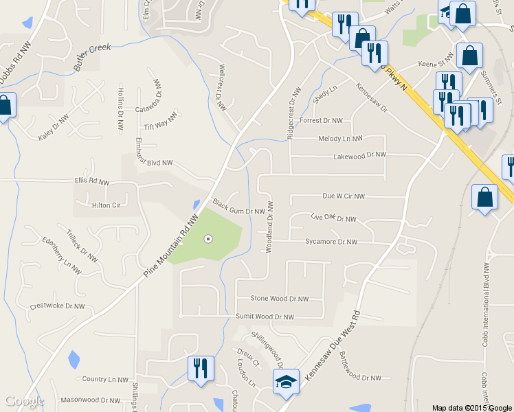map of restaurants, bars, coffee shops, grocery stores, and more near 3059 Black Gum Dr NW in Kennesaw