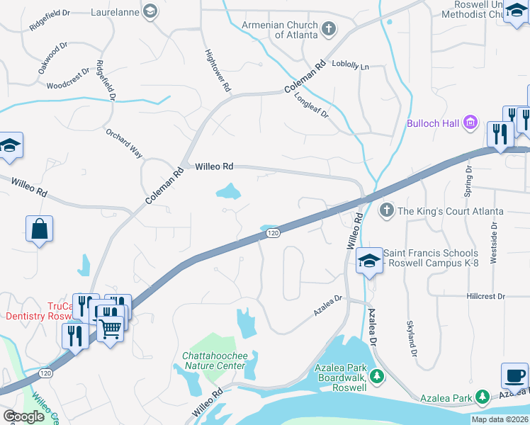 map of restaurants, bars, coffee shops, grocery stores, and more near 605 Marietta Highway in Roswell