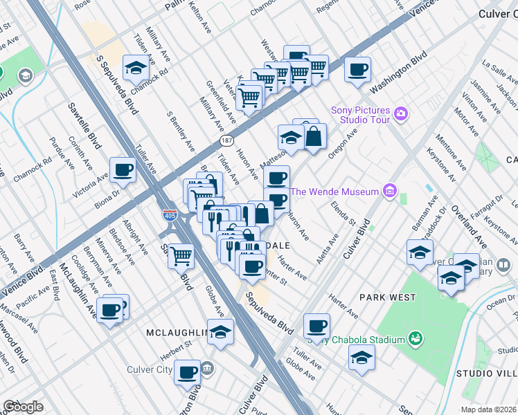 map of restaurants, bars, coffee shops, grocery stores, and more near 3968 Tilden Avenue in Culver City