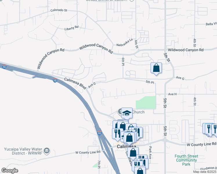 map of restaurants, bars, coffee shops, grocery stores, and more near 13346 Rimview Court in Yucaipa