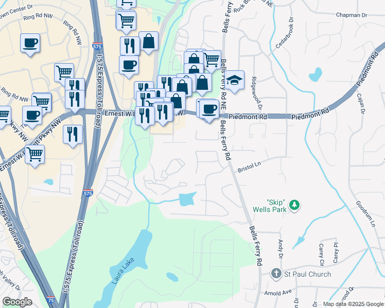 map of restaurants, bars, coffee shops, grocery stores, and more near 2471 Lake Brook Drive in Marietta