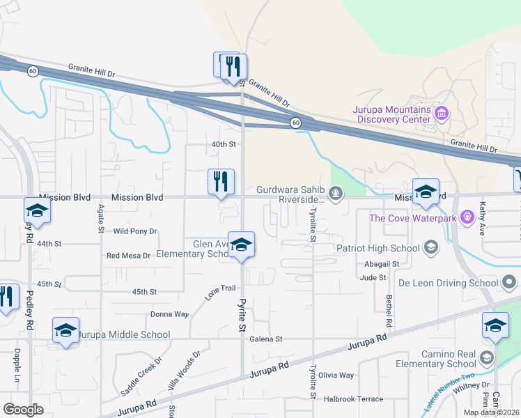 map of restaurants, bars, coffee shops, grocery stores, and more near in Jurupa Valley