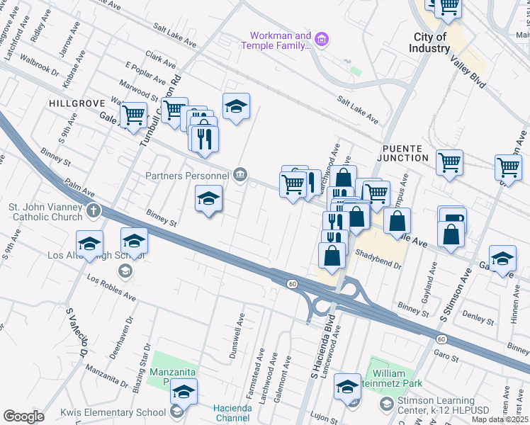 map of restaurants, bars, coffee shops, grocery stores, and more near 1142 Dunswell Avenue in Hacienda Heights