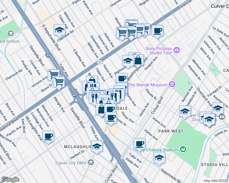 map of restaurants, bars, coffee shops, grocery stores, and more near 3968 Tilden Avenue in Culver City