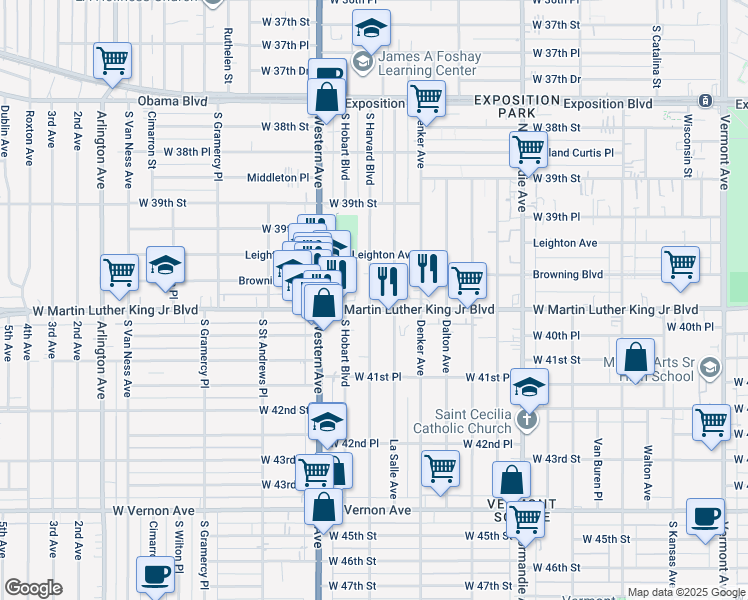 map of restaurants, bars, coffee shops, grocery stores, and more near 3996 South Harvard Boulevard in Los Angeles